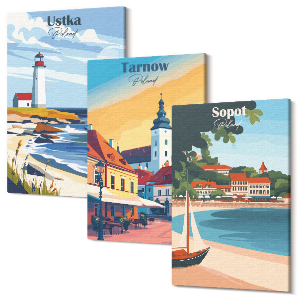 Sada obrazů na zeď triptych Pohledy na polská města Ustka Tarnów Sopoty