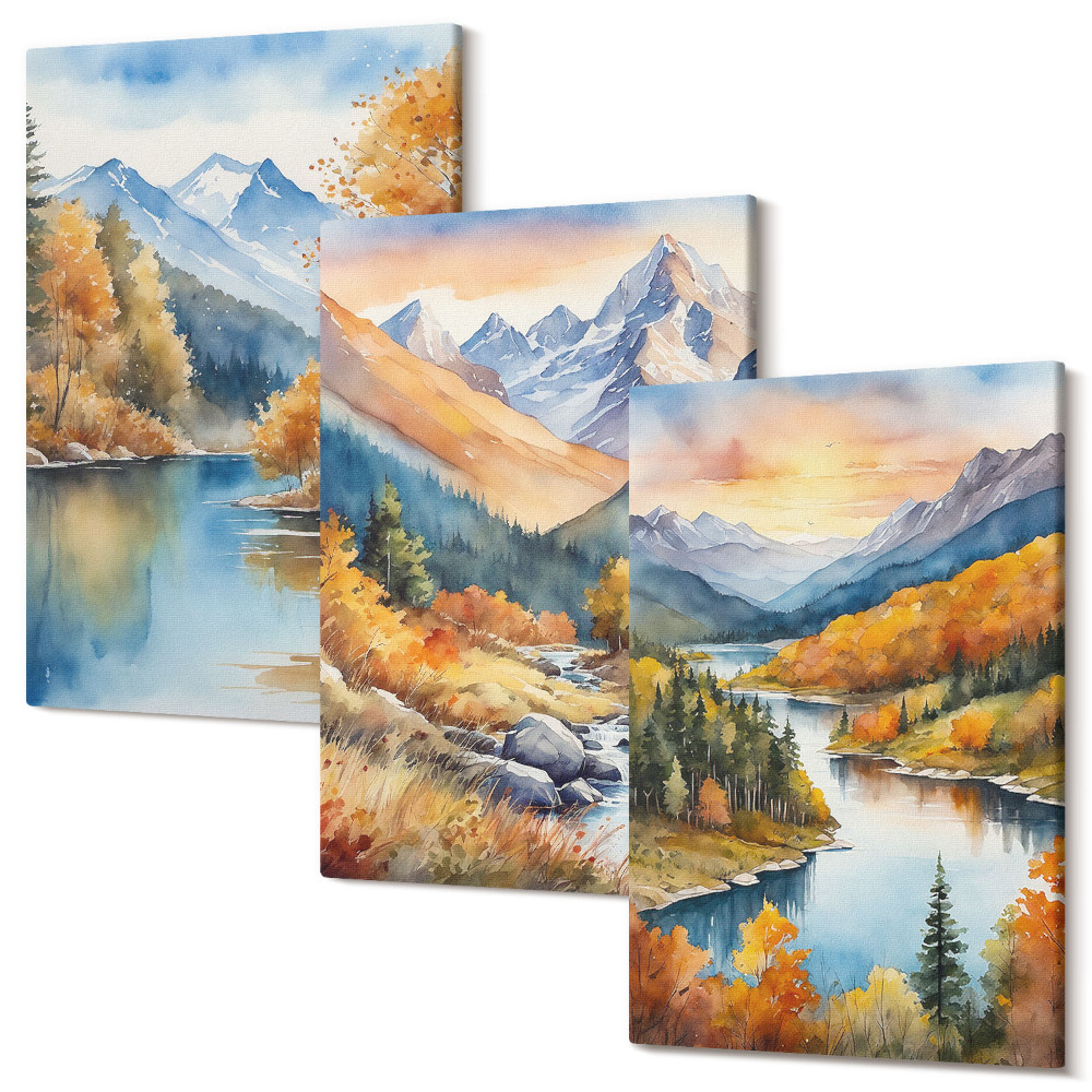 Sada 3 obrazů Horská krajina s řekou a podzimními stromy