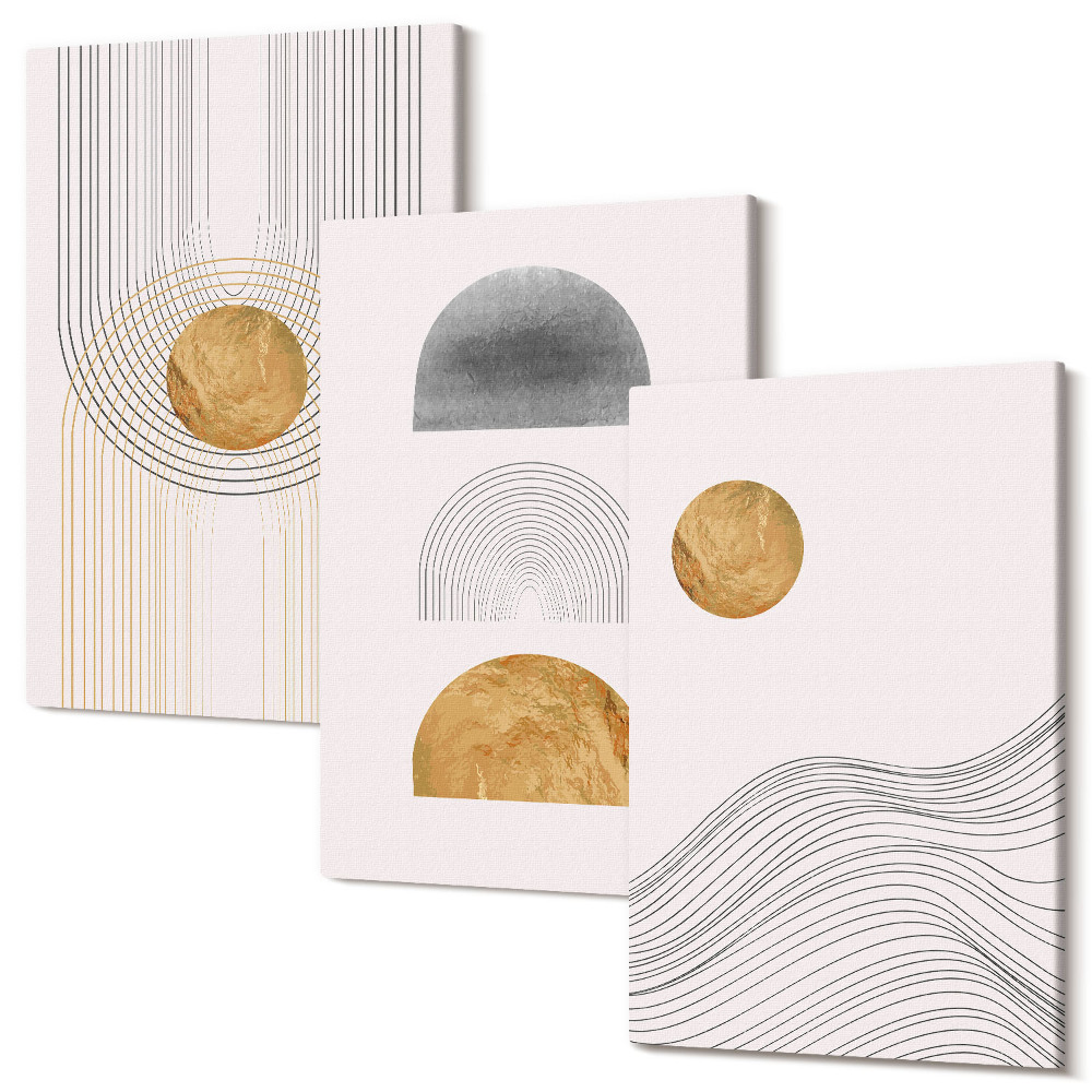 Sada 3 obrazů Abstraktní tvary a linie v odstínech béžové a šedé