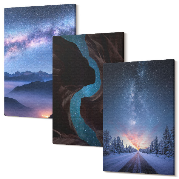 Sada obrazů triptych Noční obloha horská soutěska a zimní krajina