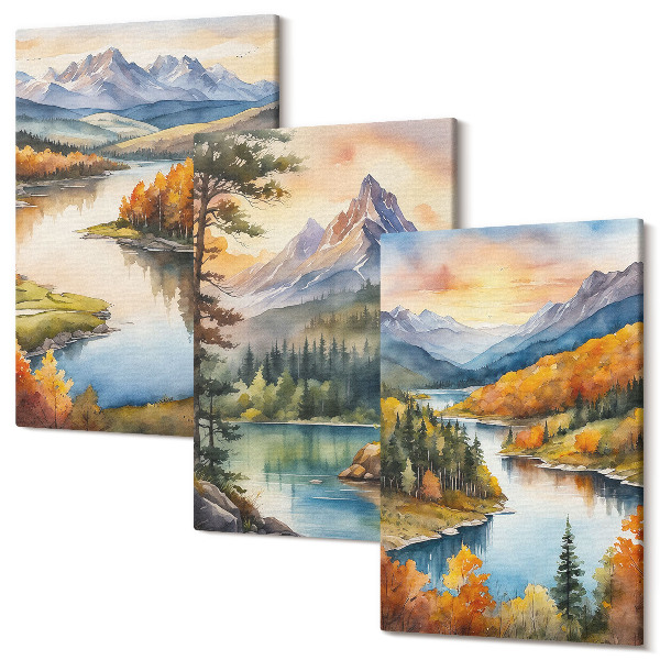Sada obrazů na zeď triptych Horské krajiny s řekou a barevnými stromy