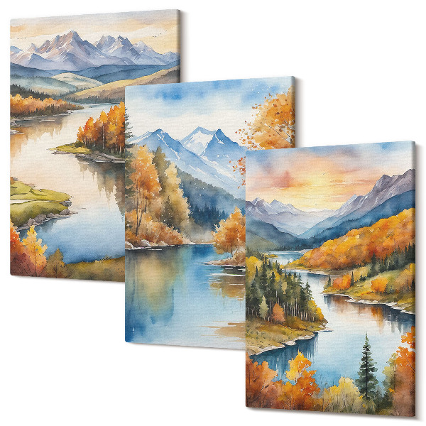 Sada obrazů na zeď triptych Podzimní horské krajiny s řekou a chatou u vody