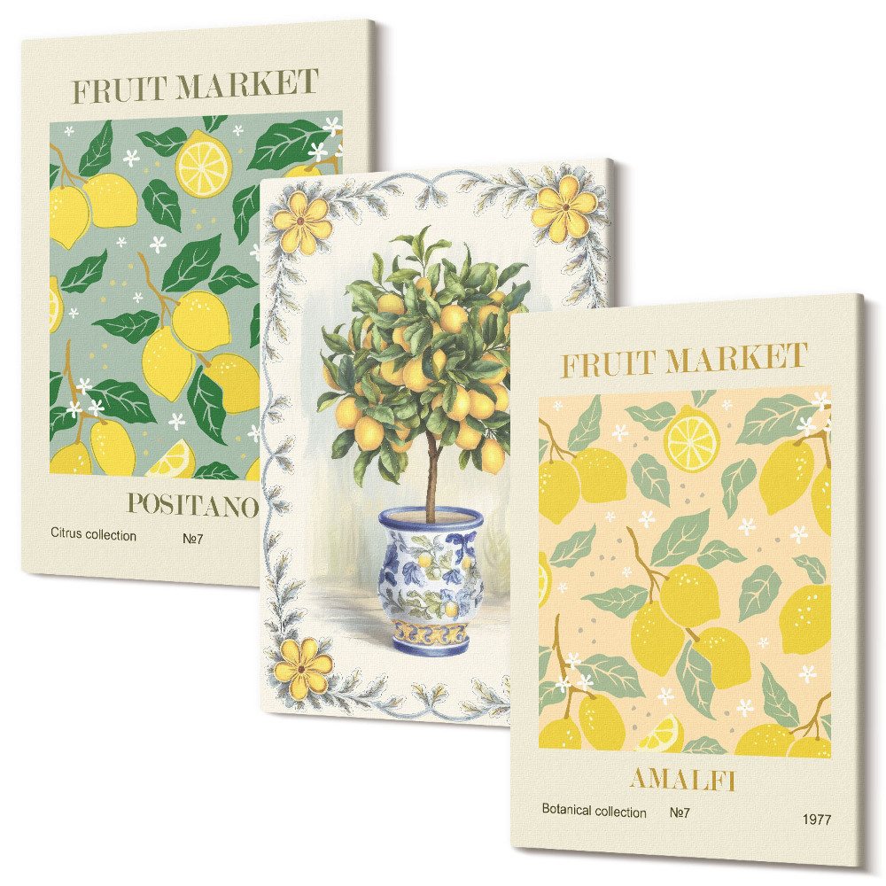 Sada 3 obrazů Citrusový strom a ovoce italské plakáty