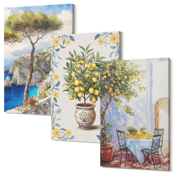 Sada obrazů triptych Výhled na moře s citronovníky italské malby