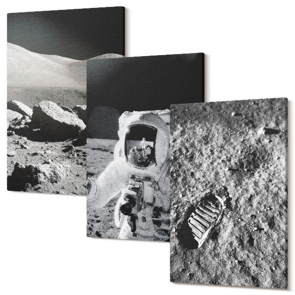 Sada obrazů na zeď triptych Fotografie měsíce s astronautem a stopou