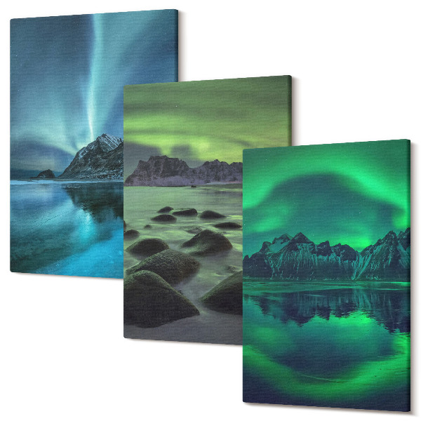 Sada obrazů na zeď triptych Zimní krajina s polární záře a hory