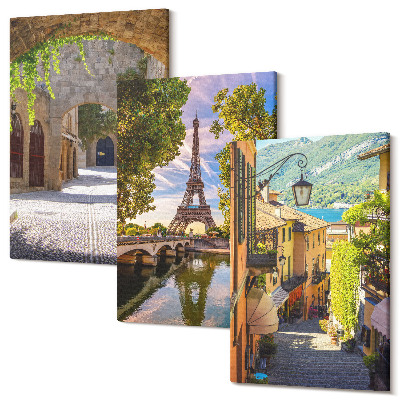 Sada obrazů triptych Krásné uličky, historická architektura, Eiffelova věž
