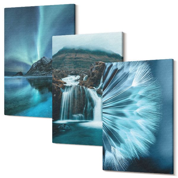 Sada obrazů na zeď triptych Zimní krajina s vodopády a polární záři