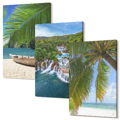 Sada 3 obrazů Pláž s lodí, vodopády a palmami v tropech