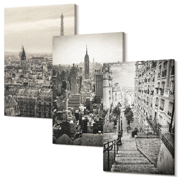 Sada obrazů triptych Výhled na město Paříž New York a okouzlující schody