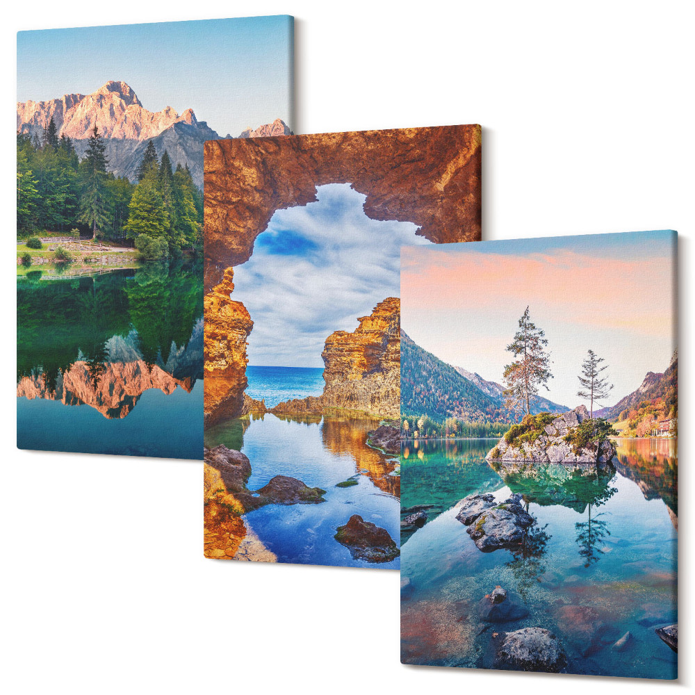 Sada 3 obrazů Horská jezera s odrazy ve vodě a skalách