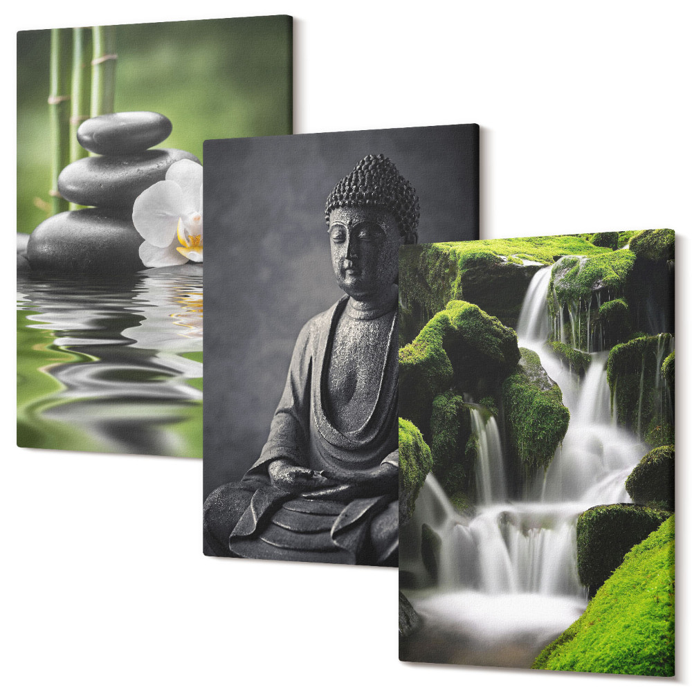 Sada 3 obrazů Relaxační ZEN obrazy s vodou, kameny a Buddhou