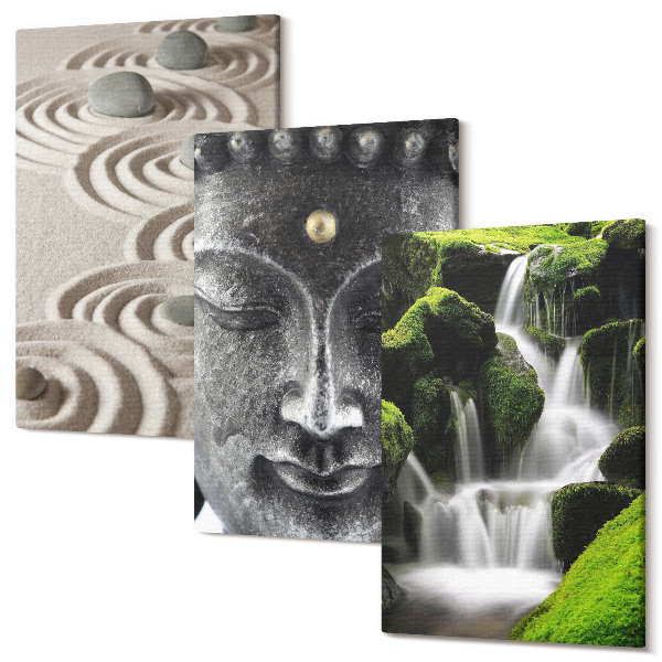Sada obrazů triptych Klid přírody s kameny, vodopádem a Buddhou