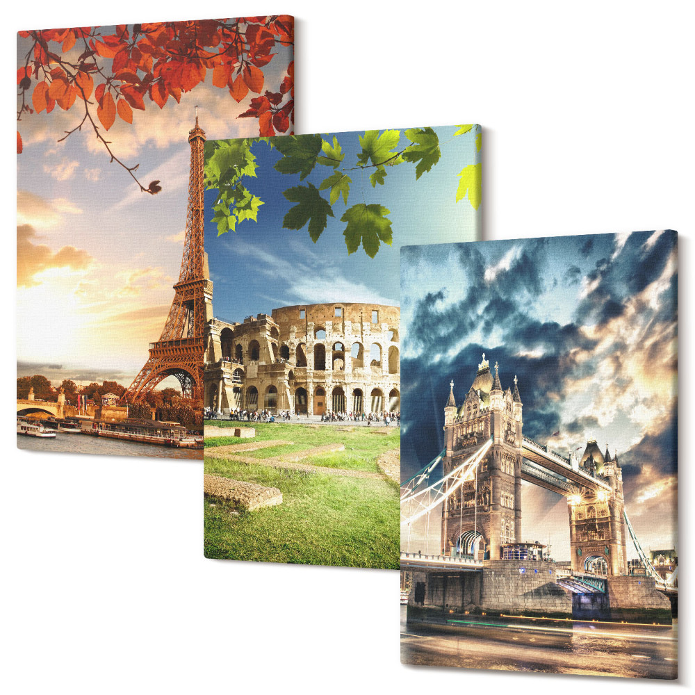 Sada obrazů na zeď triptych Památky Evropy v teplých barvách krajiny