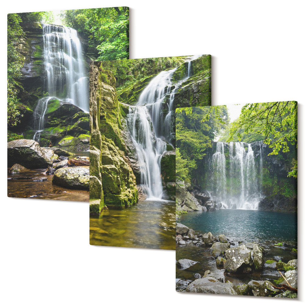 Sada obrazů na zeď triptych Vodopády v zeleném prostředí s kameny a vodou