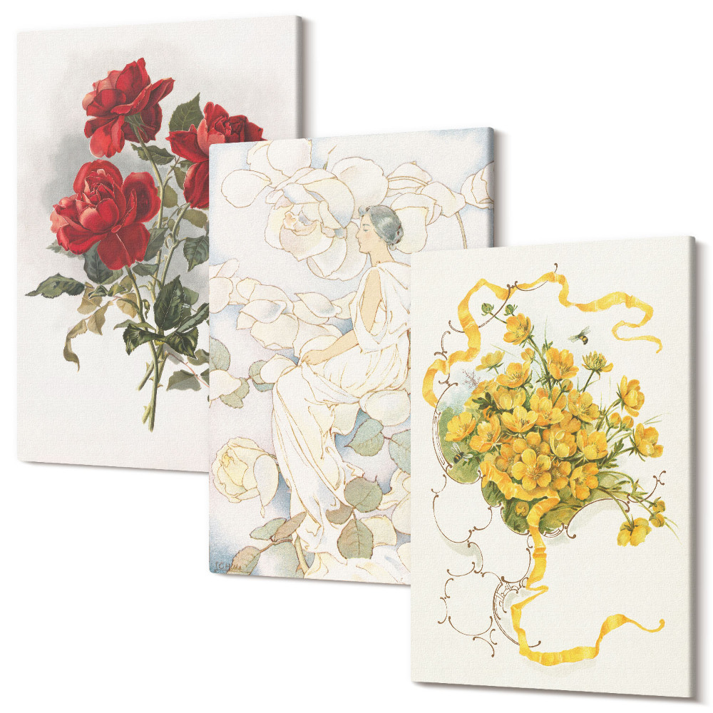 Sada obrazů na zeď triptych Červené růže, bílá postava, žluté květy ve váze