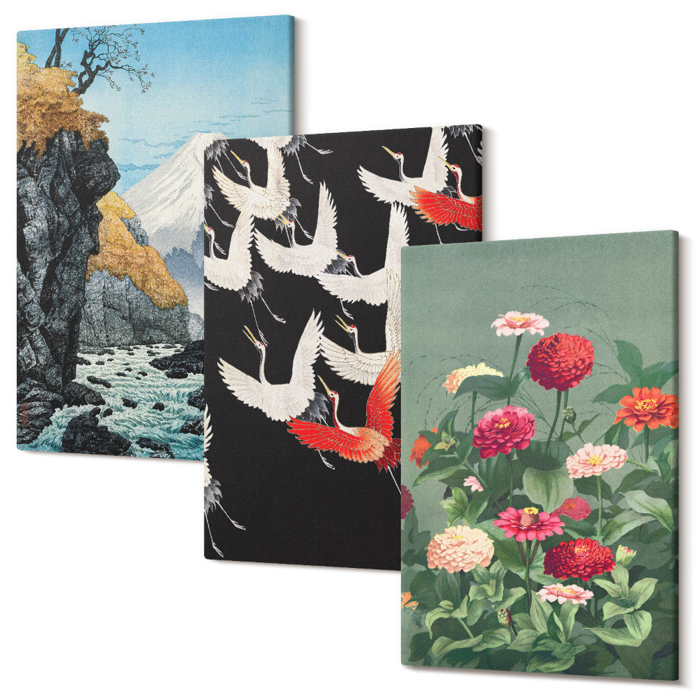 Sada obrazů na zeď triptych Hory s vodopádem, ptáci v letu a barevné květiny