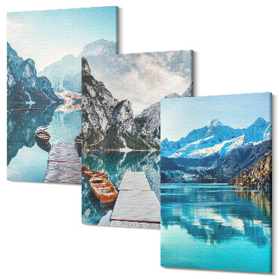 Sada 3 obrazů Horská jezera s loděmi a odrazy ve vodě