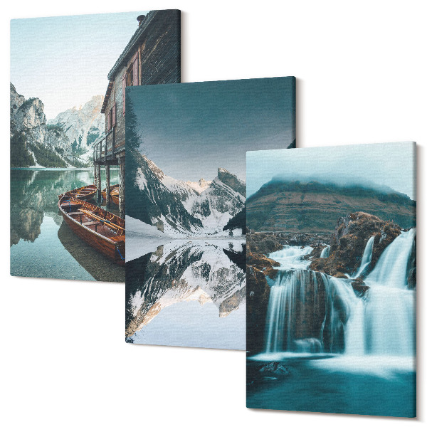 Sada obrazů triptych Horské krajiny s vodopádem a jezerem