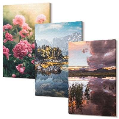 Sada obrazů na zeď triptych Květiny v zahradě, hory a klidná hladina vody