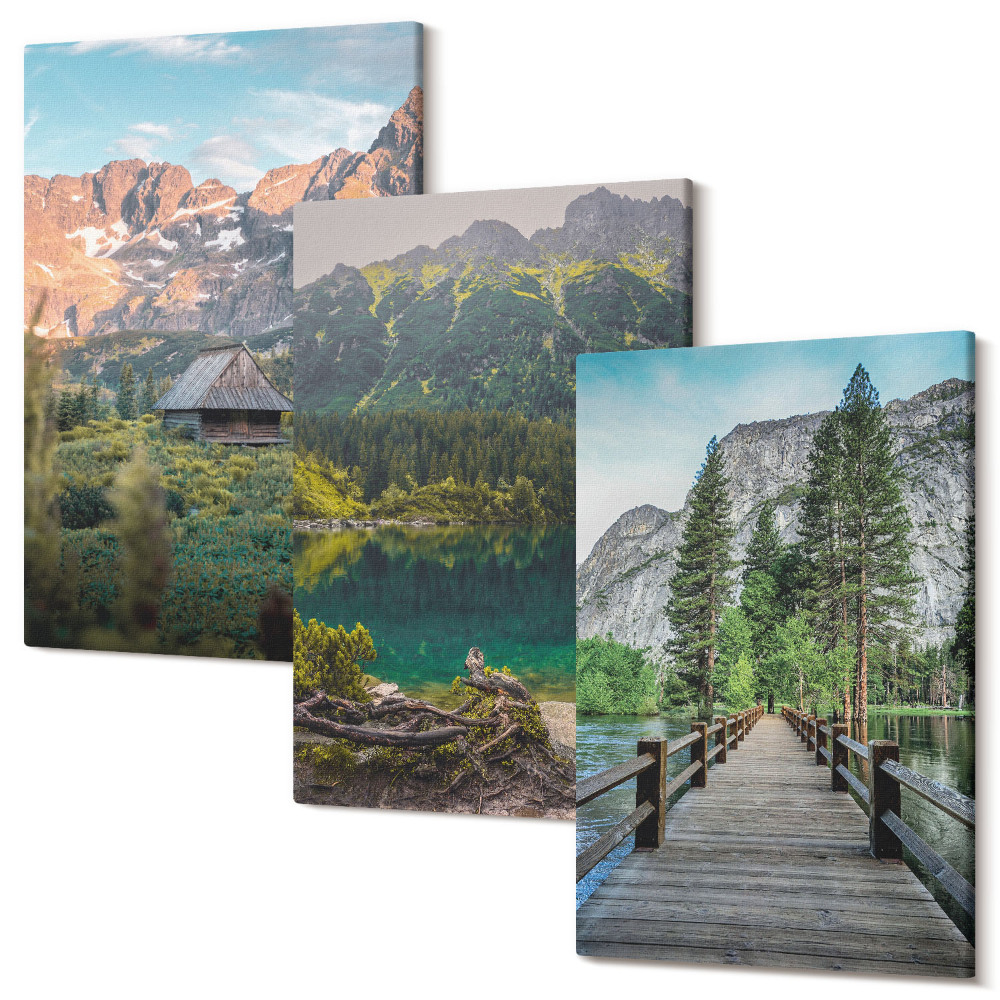 Sada 3 obrazů Horské krajiny s jezerem a dřevěným molem