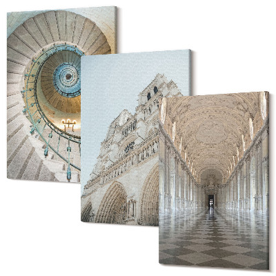 Sada obrazů triptych Točité schodiště katedrály, pohled na fasádu budovy a dlážděná chodba