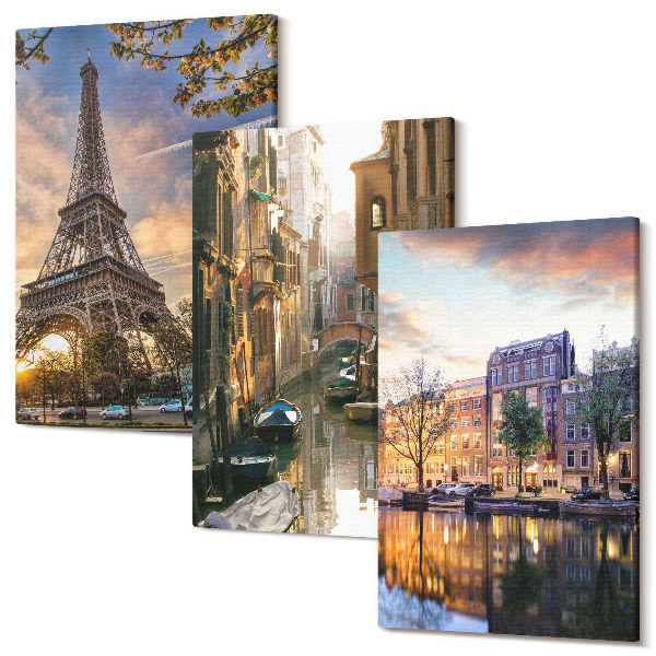 Sada obrazů na zeď triptych Eiffelova věž, benátské kanály a ulice Amsterdamu