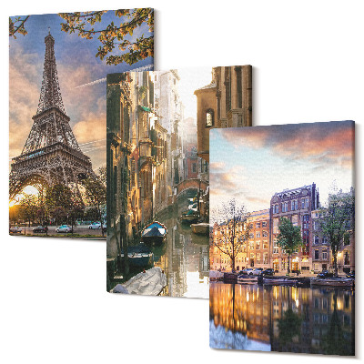 Sada obrazů na zeď triptych Eiffelova věž, benátské kanály a ulice Amsterdamu