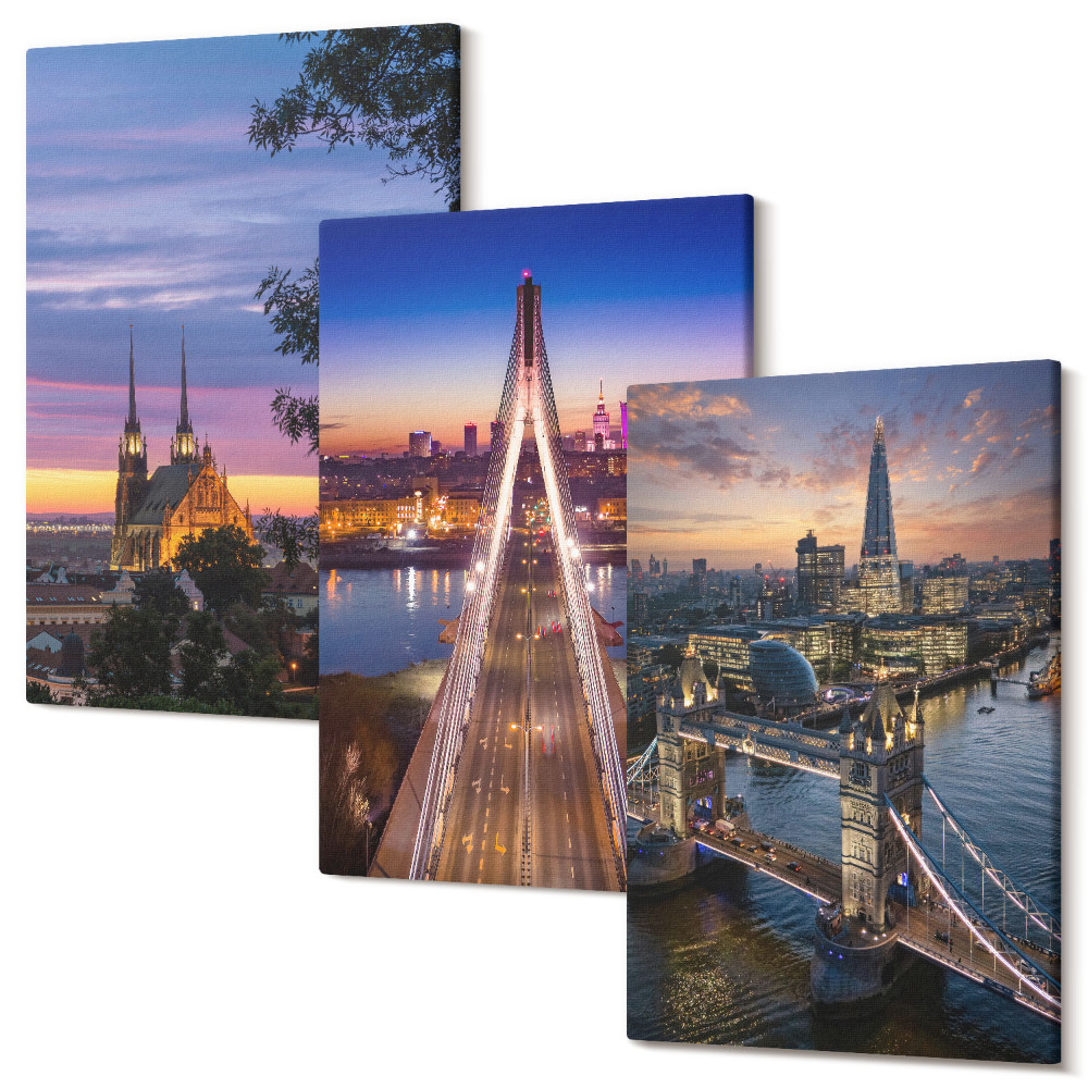 Sada obrazů na zeď triptych Výhled na město s mosty a západy slunce