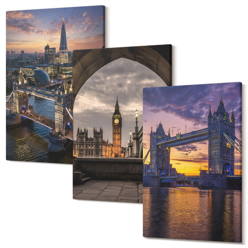 Sada 3 obrazů Výhled na město s mosty a hodinovými věžemi