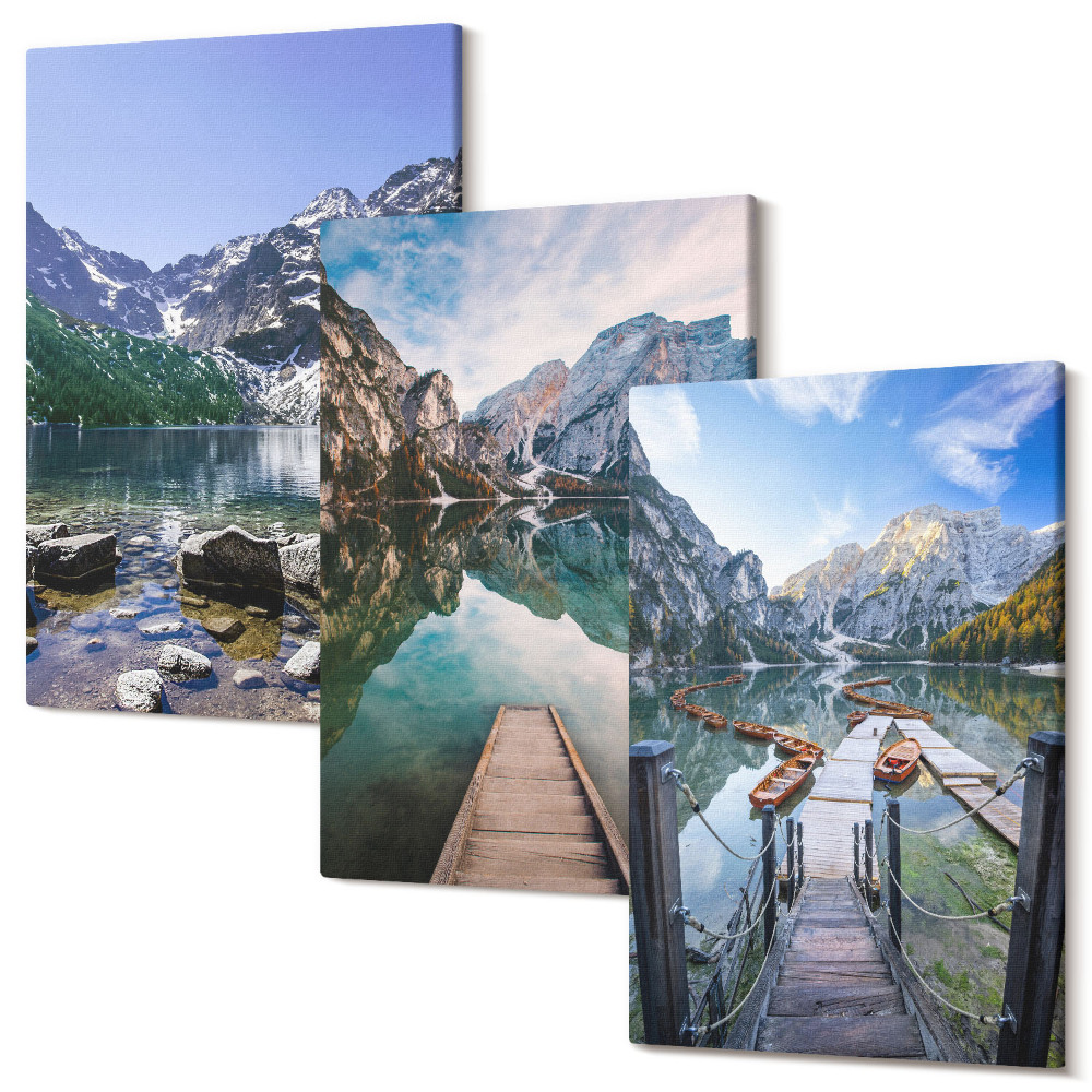 Sada 3 obrazů Hory, jezera a dřevěné mosty přes vodu