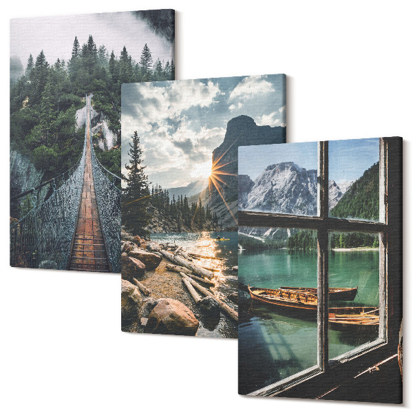 Sada obrazů triptych Most v lesním jezeře s výhledem na hory lodí