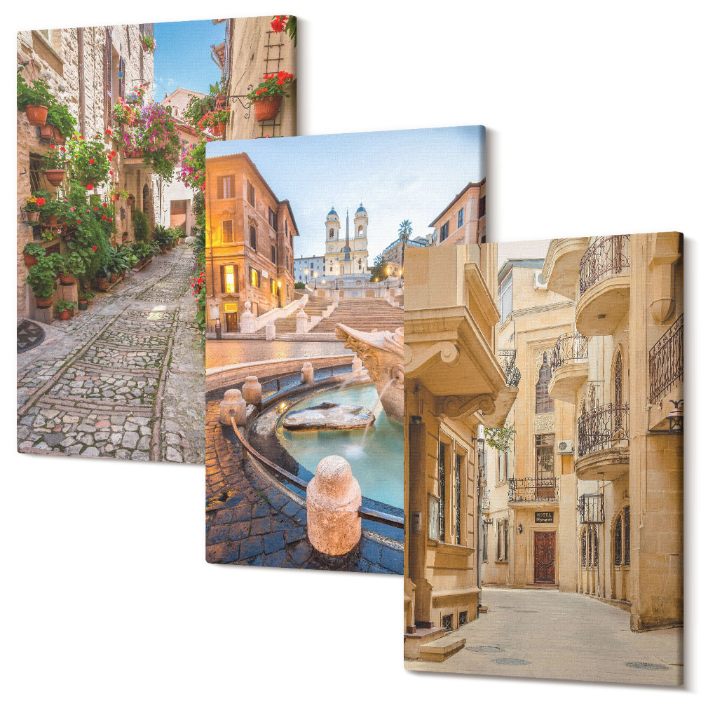 Sada obrazů na zeď triptych Okouzlující uličky a fontány v malebné architektuře