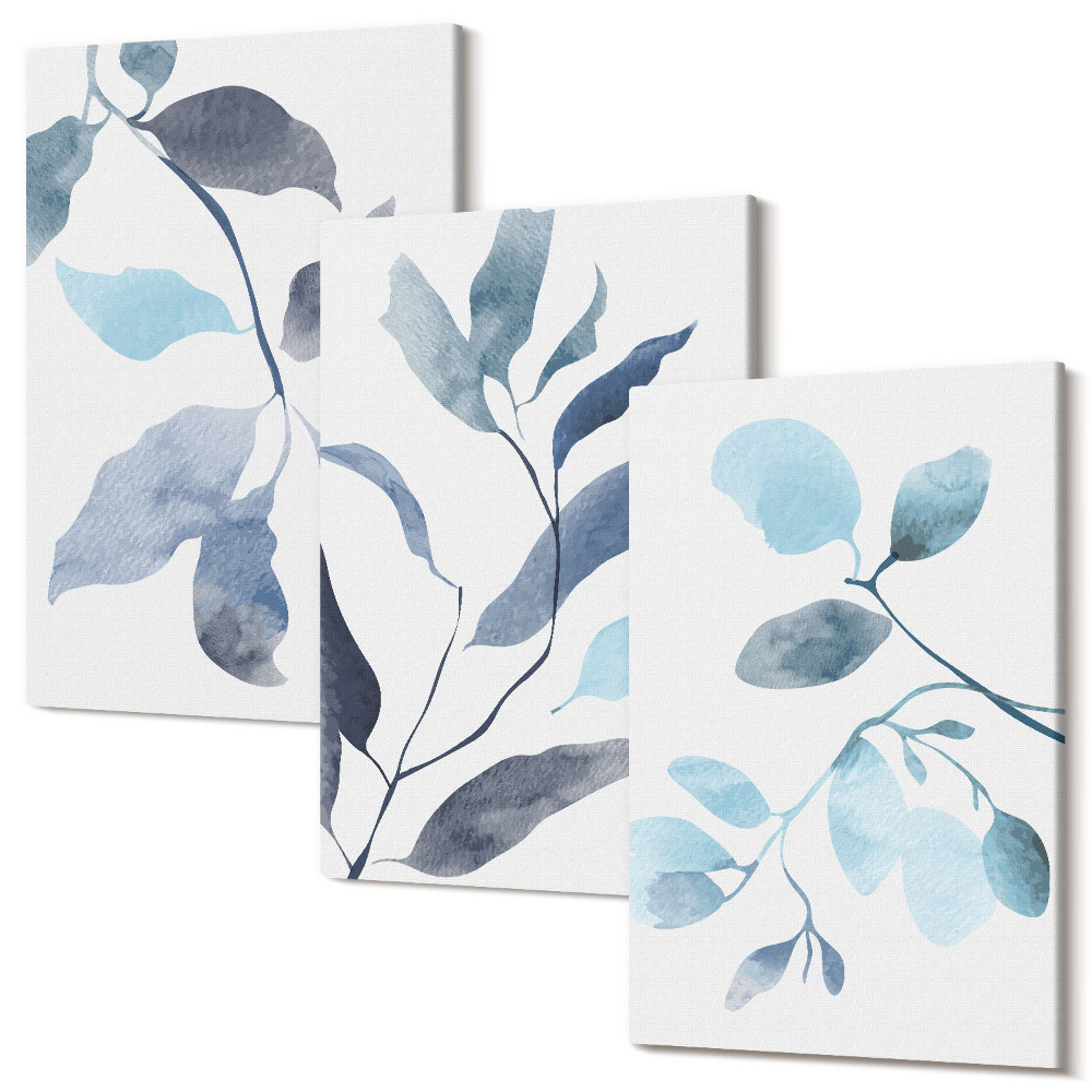 Sada 3 obrazů Modré listy na světlém pozadí, akvarel styl