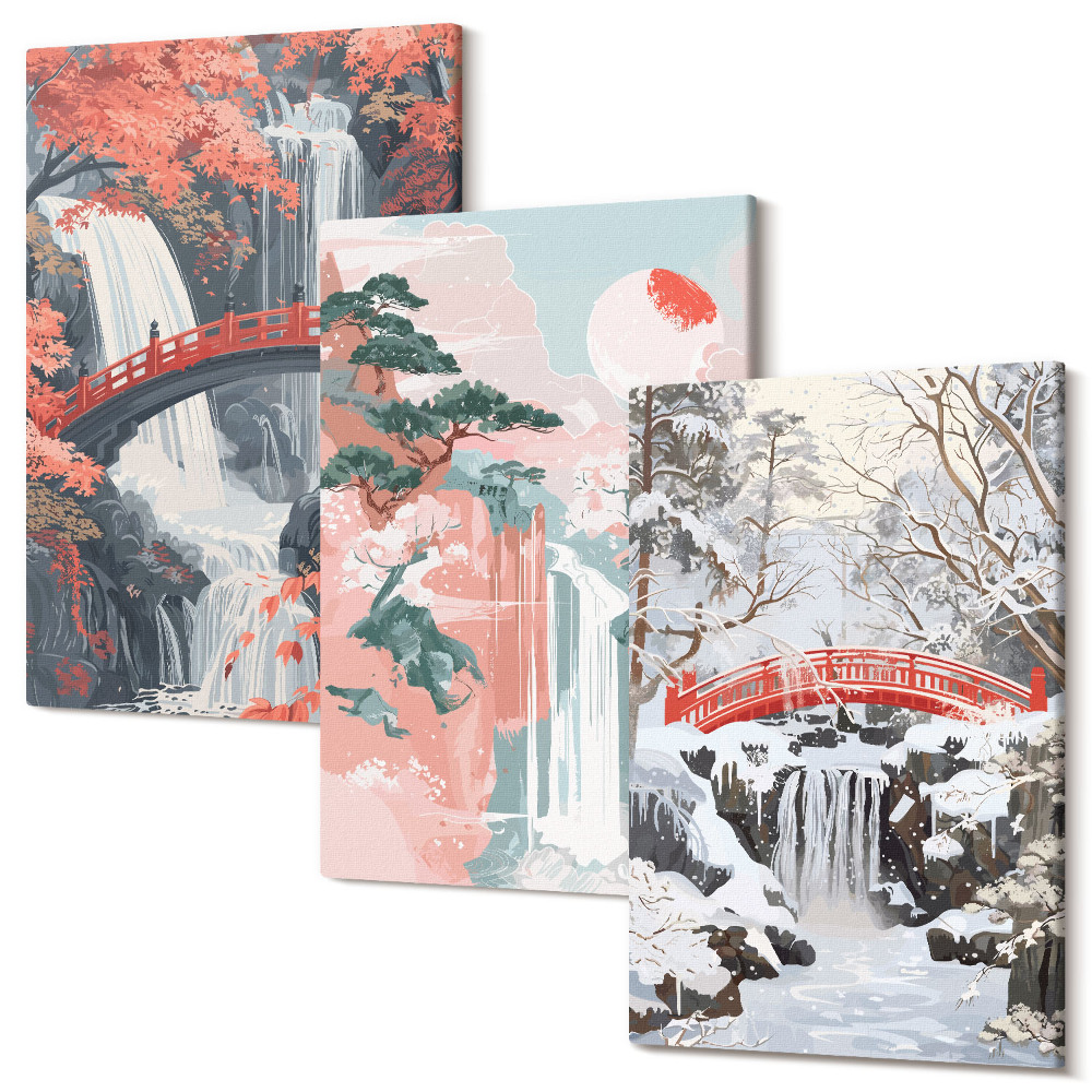 Sada 3 obrazů Vodopády v různých ročních obdobích s mosty a stromy