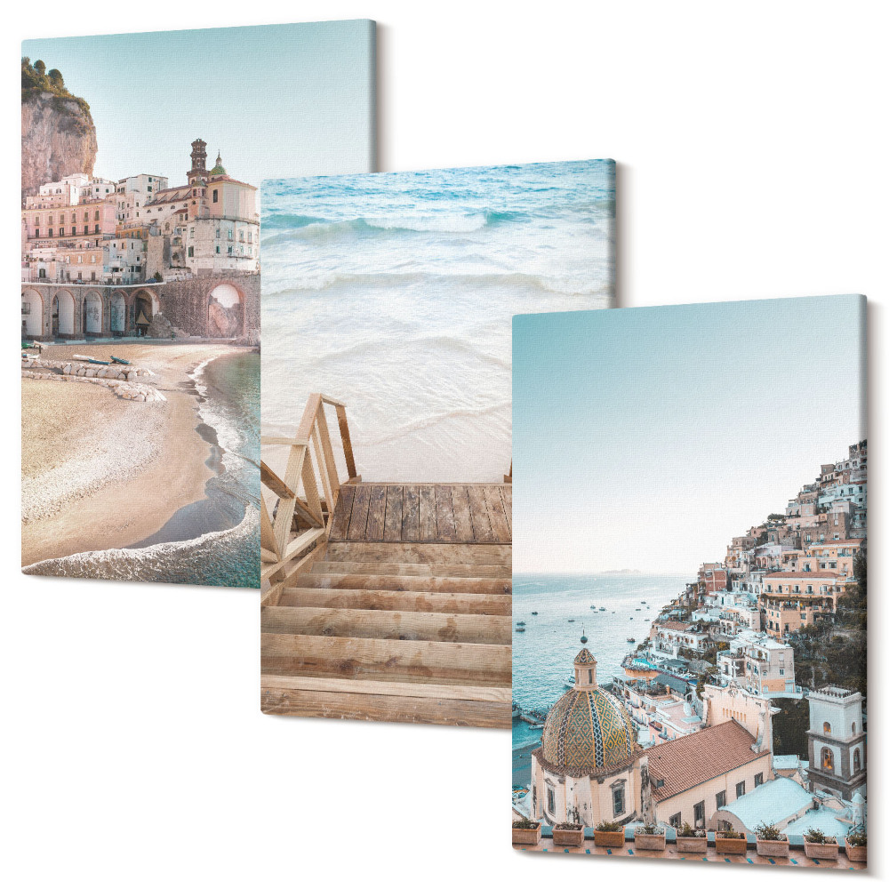 Sada obrazů triptych Letní pastelové výhledy s přímořskou architekturou a pláží