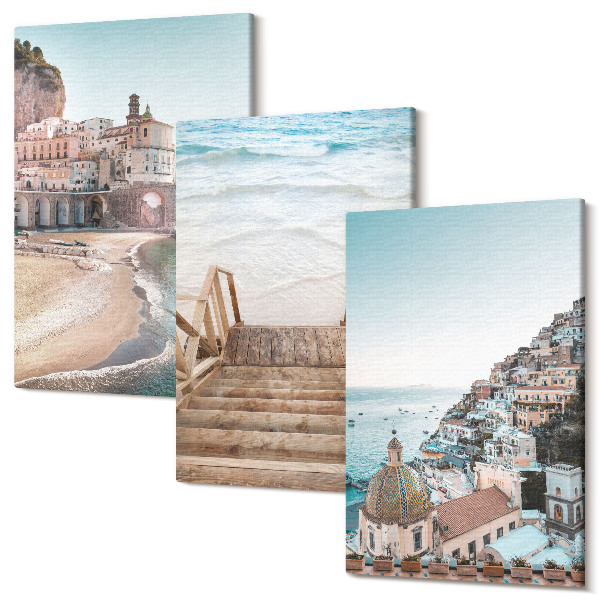 Sada obrazů triptych Letní pastelové výhledy s přímořskou architekturou a pláží