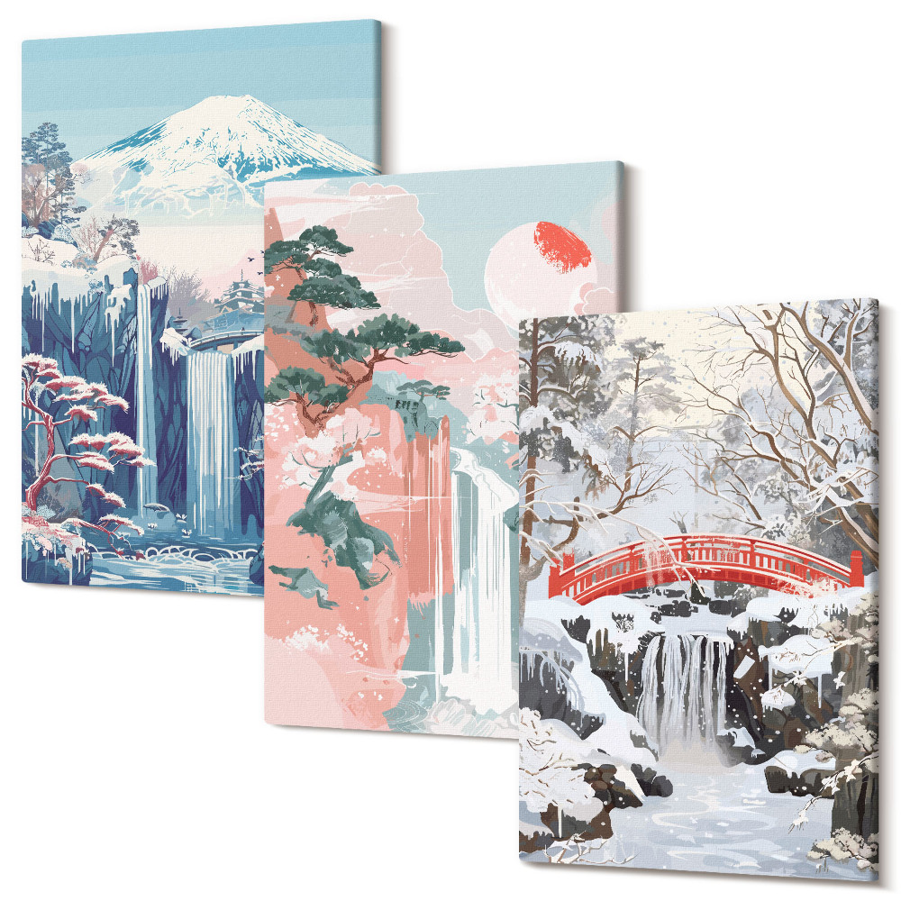 Sada obrazů na zeď triptych Horské krajiny a vodopády v různých ročních obdobích