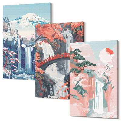 Sada 3 obrazů Vodopády hory s mostem a kvetoucí stromy