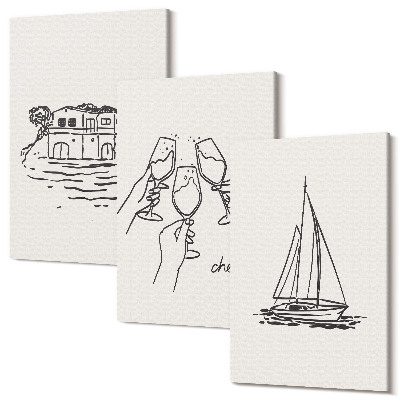 Sada obrazů na zeď triptych Výhledy na dům u vody, toast se skleničkami, plachetnice