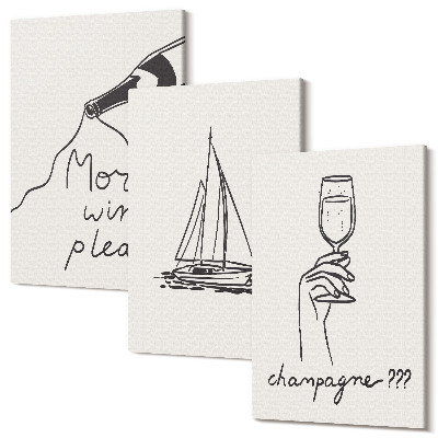 Sada 3 obrazů Vinná plachetnice sklenice na šampaňské lineární styl