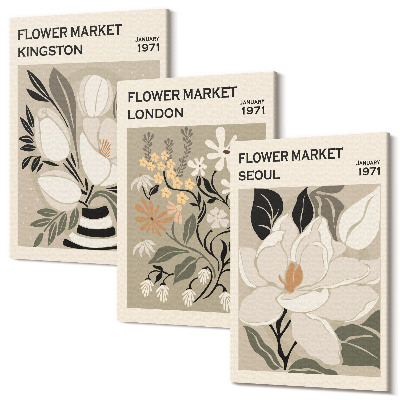 Sada obrazů na zeď triptych Retro květiny z různých měst po celém světě