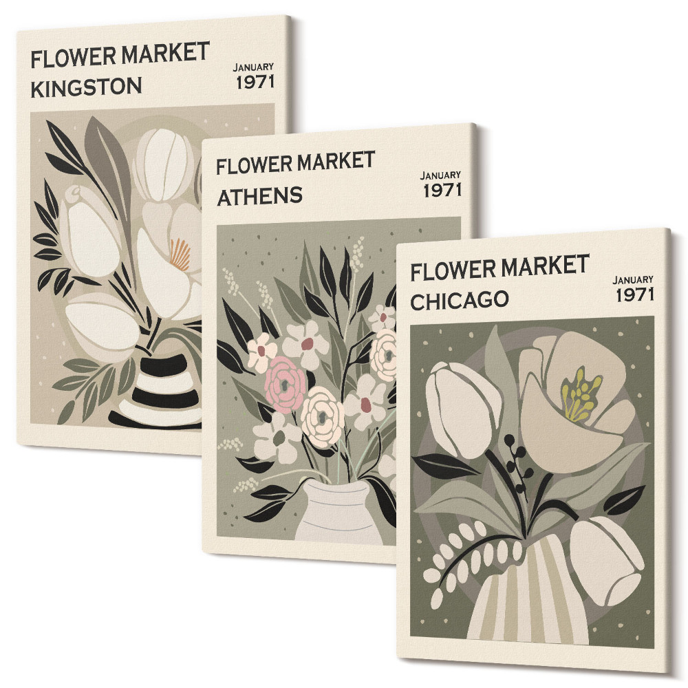 Sada 3 obrazů Květinová aranžmá v retro stylu z různých měst