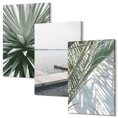 Sada obrazů na zeď triptych Palmové listy rostlin a dřevěný most