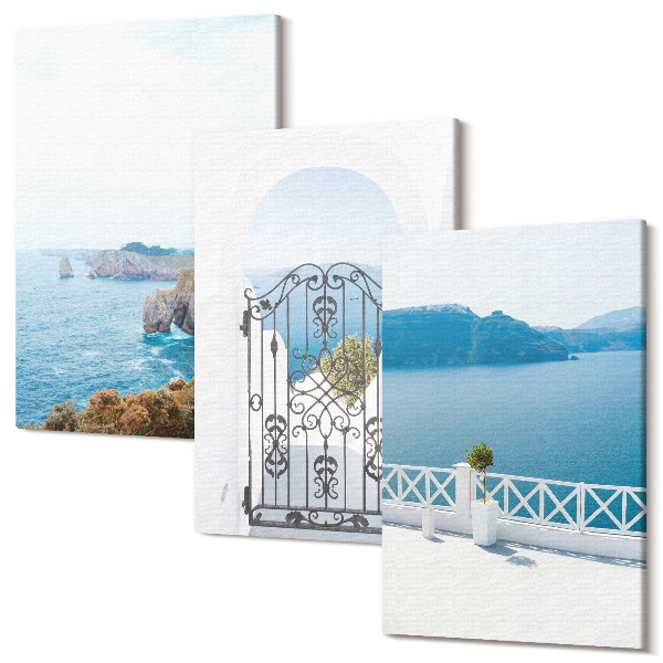 Sada obrazů na zeď triptych Výhled na moře s řeckou architekturou