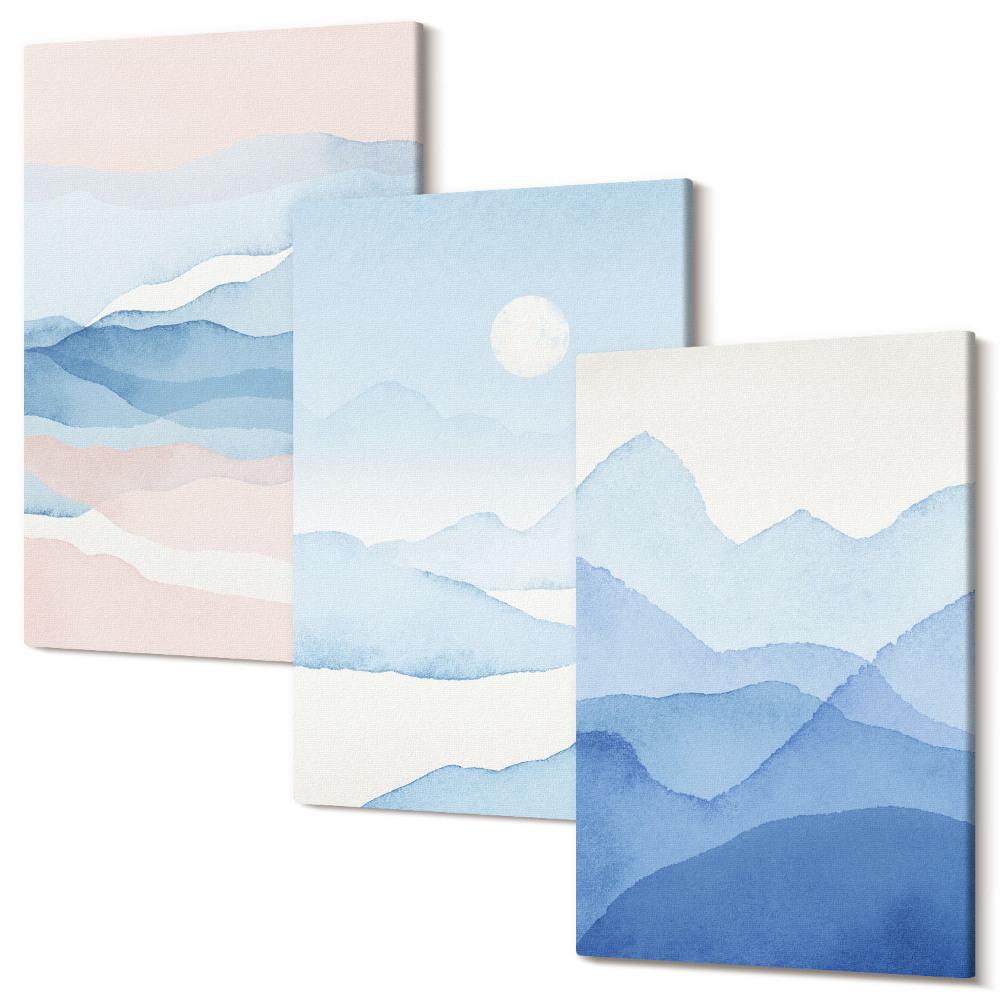 Sada obrazů triptych Modré a růžové horské krajiny v akvarelu