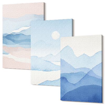 Sada obrazů triptych Modré a růžové horské krajiny v akvarelu