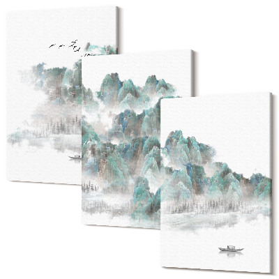 Sada 3 obrazů Hory v oblacích s ptáky a lodí na vodní japandi