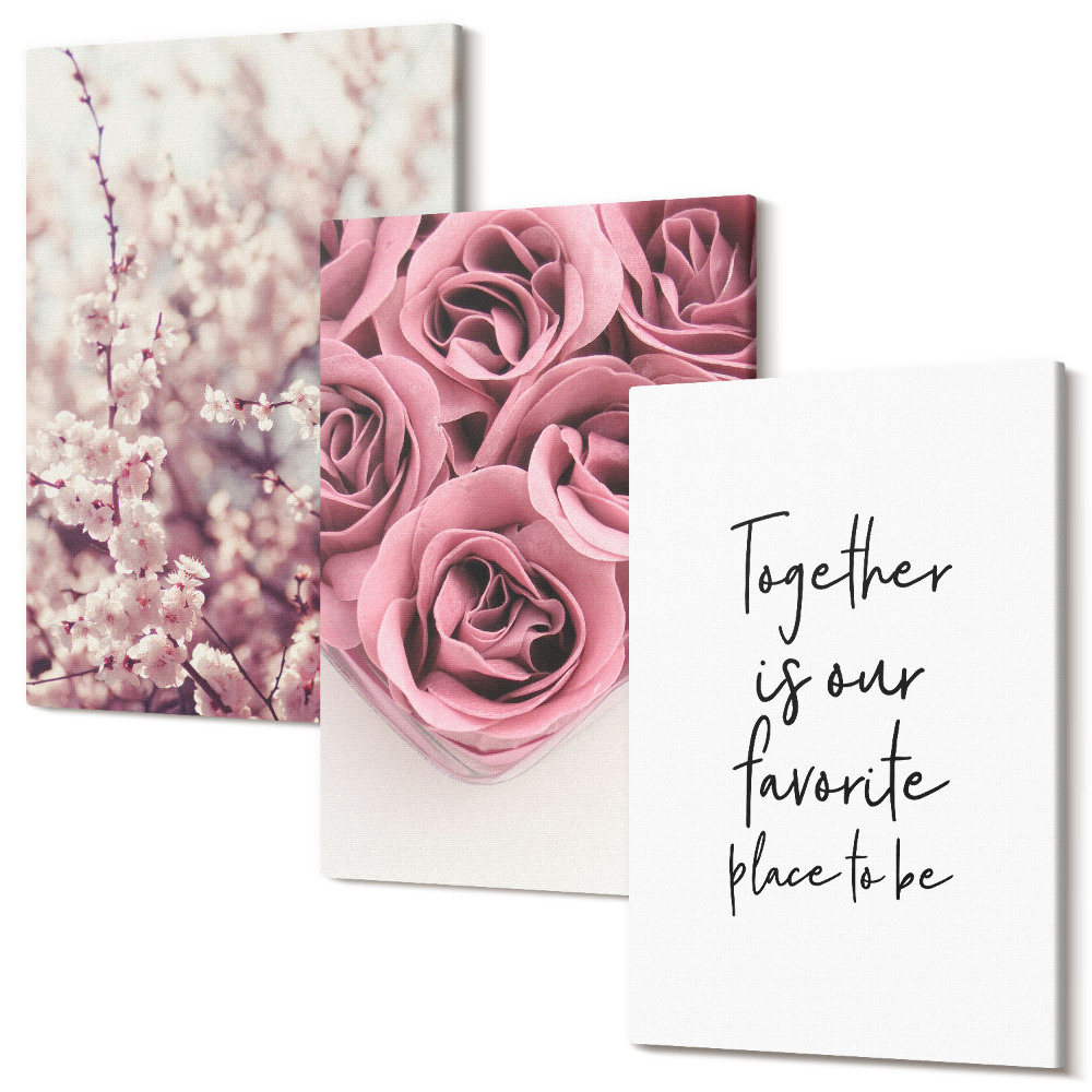 Sada obrazů triptych Květiny a kytice růží s domácím nápisem