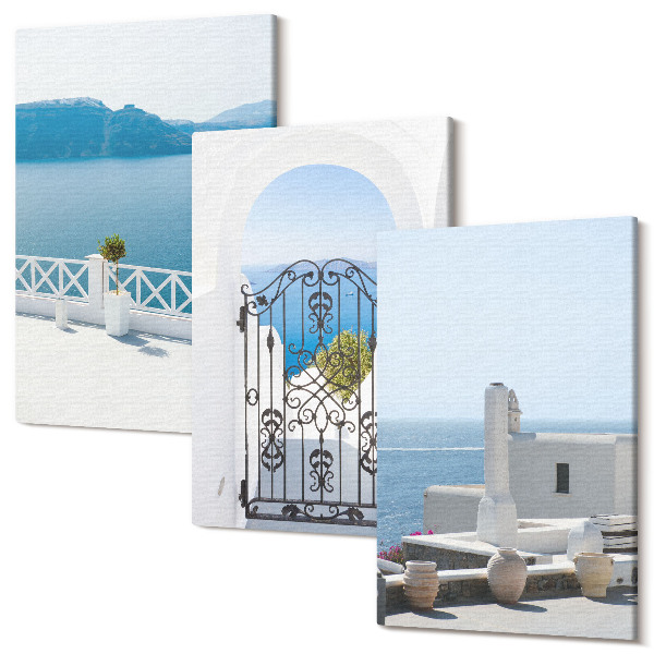 Sada obrazů triptych Výhled na moře s bílými budovami Řecko